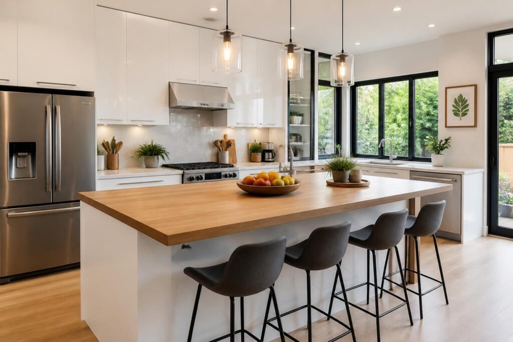 découvrez comment aménager une cuisine conviviale avec un plan de travail fonctionnel et un îlot central, pour un espace pratique et chaleureux.
