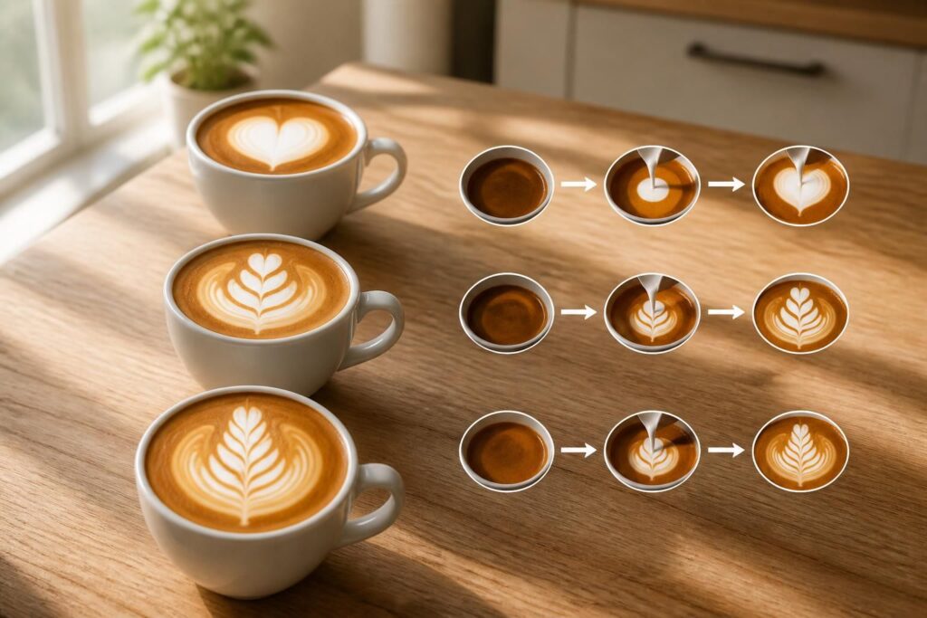 apprenez le latte art pour débutants avec notre guide pas à pas des 3 motifs de base essentiels pour maîtriser l'art du café.