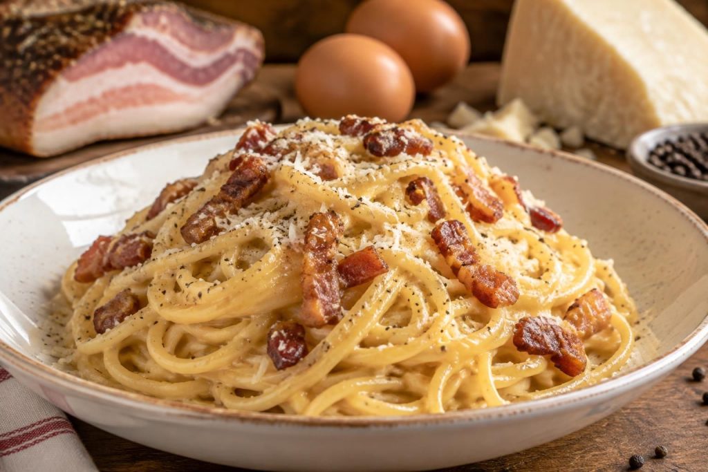découvrez la vraie recette des carbonara à la romaine : œufs, pecorino, guanciale et poivre, sans crème, pour des pâtes riches et authentiques.