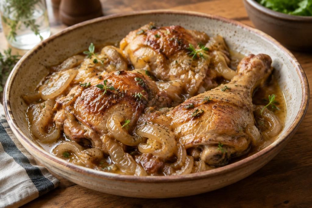 découvrez ce poulet aux oignons fondants, un plat mijoté simple et savoureux, idéal pour un repas réconfortant à partager.